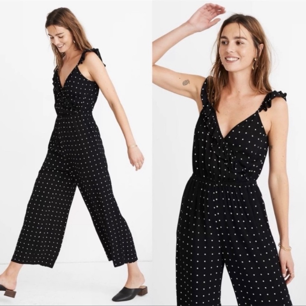 MADEWELL Ruffle front wrap jumpsuit in a grid dot size 0